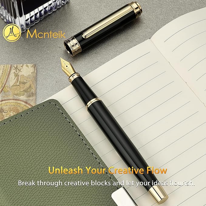 MCNTEIK 317 Fountain Pen,Stunning Luxury Piano Lacquer,18K Gilded Nib(Medium),Gorgeous 24K Gold Finish, Ink Converter,Trustworthy Gift for Men&Women-Elegant,Executive,Nice Pens for Writing, BK-M