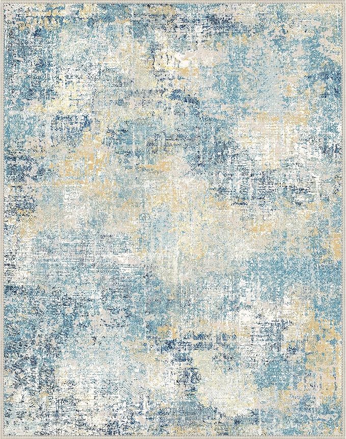 GENIMO Washable Area Rugs for Living Room, 8x10 Modern Non Slip Rugs, Low Pile Lightweight Soft Print Rug for Bedroom, Dining Room, Home Office, Washed Orange Blue