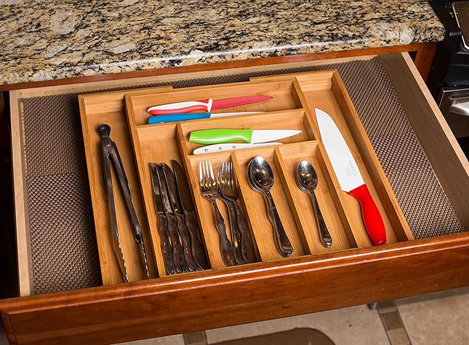 BIRDROCK HOME Bamboo Expandable Utility Drawer Organizer – Utensil Silverware – Spoon Knife Fork – 17.5 Inch – Large – Natural Wood – Tray – Adjustable Kitchen Organization