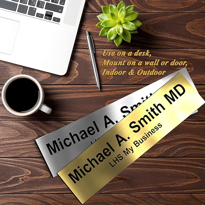 Personalized Name Plate with Choice of Mounting Holders for Walls, Doors, Cubicles, Hanging and More - Custom Gloss Rustico Granite Plastic White Letters - USA Made 2x10 - S2