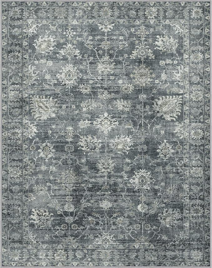 GENIMO 8x10 Area Rugs for Living Room, Machine Washable Non Slip Vintage Rugs, Low Pile Lightweight Chenille Print Rug for Bedroom, Dining Room, Home Office, Ashen Taupe