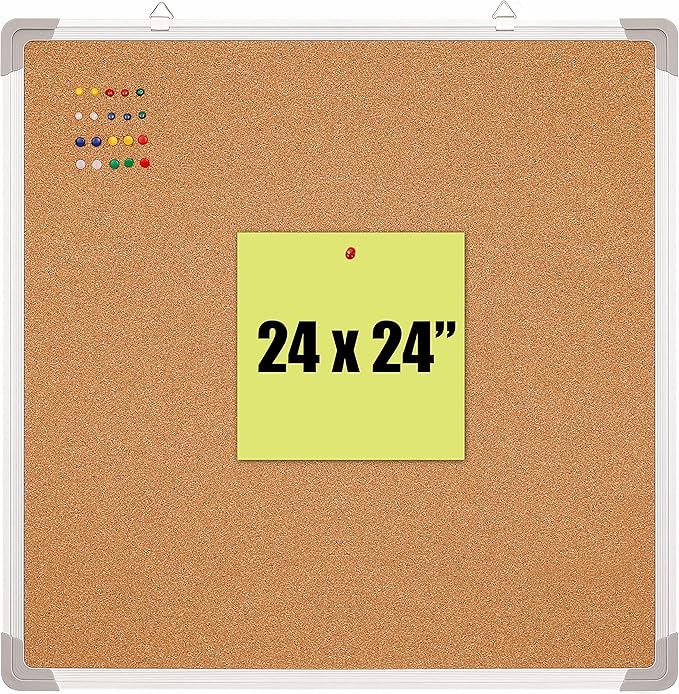Cork Board Set - Bulletin Corkboard 24 x 24 inch Framed with 10 Thumb Tacks - Wall Hanging Message Memo Pin Tackboard Organizer for Home, Office, Desk and Cubicle (Cork 24x24)