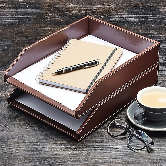 Gallaway Leather Letter Desk Organizer - Premium PU Leather Perfect for Office Organization, Document Holder Fits A4 Paper, Stackable Drawers for Extra Desk Storage