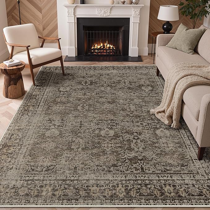 GENIMO 6x9 Area Rug Machine Washable Boho Rug for Living Room,Ultra-Thin Low Pile Carpet,Lightweight Indoor Printed Rug,Non Slip Floral Area Rug for Bedroom, Dining Room, Home Office,Brownish Green
