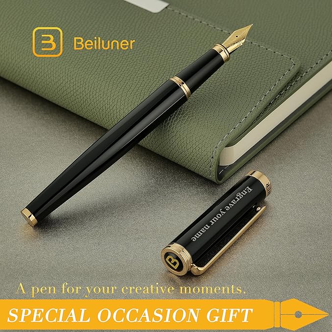BEILUNER Black Personalized Fountain Pen,Stunning Luxury Lacquer,24K Gilded Nib(Fine),Gorgeous 24K Gold Finish, Ink Converter,Fancy Office Gift for Men&Women-Elegant, Graduation,Nice Pens for Writing