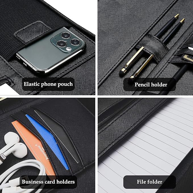 ProCase Portfolio Business Padfolio Folder with Handle and Zipper, Conference Meeting Executive File Legal Document Organizer with Pockets Letter Size A4 Writing Pad Notepad Padfolio -Allblack