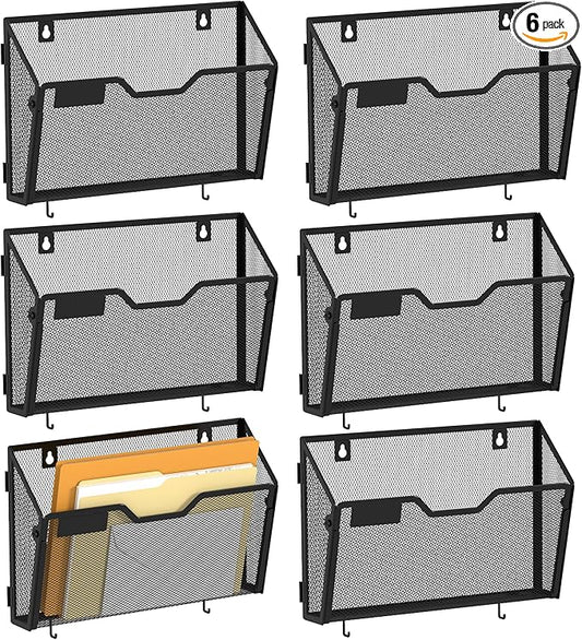 YINGHUA 6 Pack Mesh File Holders Wall Mounted - Durable Metal Hanging Organizer with Hooks - 12.6 Inch Vertical Wall Baskets for Mail Papers Office Home and School Storage - Black