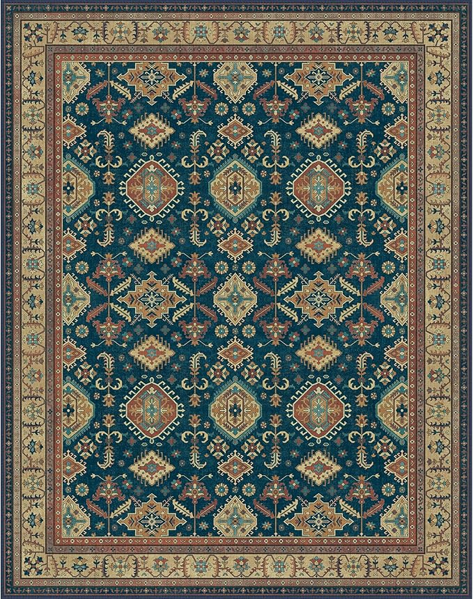 GENIMO Machine Washable 8x10 Area Rugs for Living Room, Non Slip Vintage Rugs, Low Pile Lightweight Chenille Print Rug for Bedroom, Dining Room, Home Office, Black Yellow
